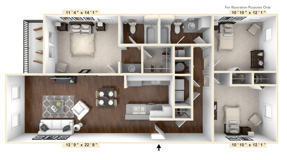 Floor plan for 3 beds, 2 baths, 1223 sqft